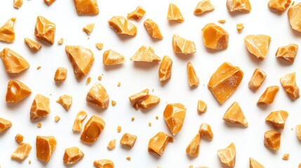 Scattered caramel candy chunks on white background showing golden glossy texture and shine