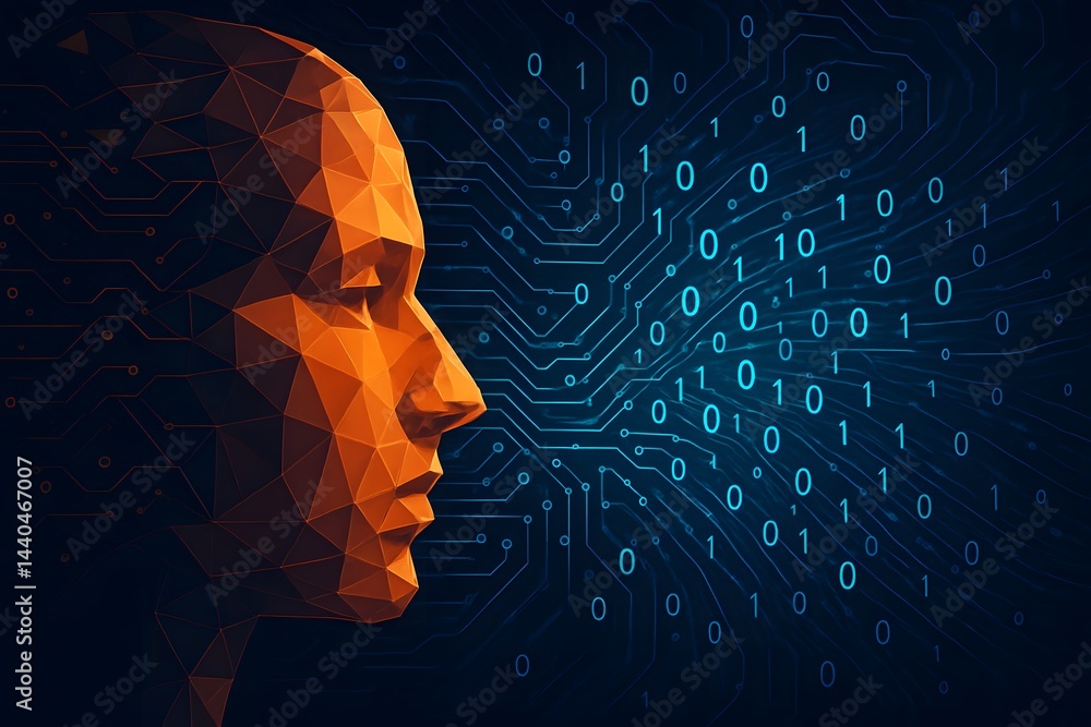 Aufkleber polygonal geometric human face with digital binary code background, futuristic artificial intelligen