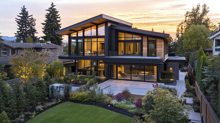 Sleek two story home with angular sloping roof and large windows, surrounded by lush gardens