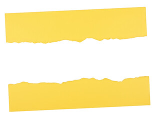 Torn Yellow Paper Strips: Two bright yellow strips of paper, each with a jagged, torn edge, rest against a background of pure color.