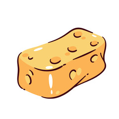 Cartoon doodle style cleaning sponge with yellow porous texture and rounded edges. Vector illustration of cleaning sponge for kitchen, household, or hygiene design.