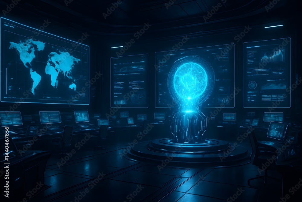 Aufkleber high-tech futuristic command room with artificial intelligence holographic globe, global analytics d