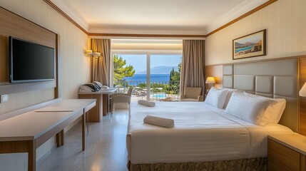 elegance is captured in these modern seaside hotel rooms, where panoramic sea views enhance a luxurious ambiance.
