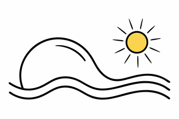 Sun And Single Wave Minimal Line Art Black And White Vector Illustration