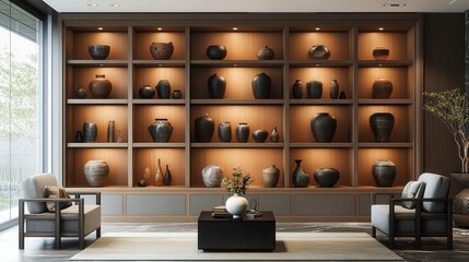 room with beautiful ceramics on the shelves, featuring bold shapes and intricate patterns for a luxury home look