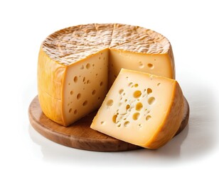 artisanal handmade cheese wheel with golden hue cut into wedges isolated on white

