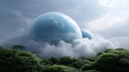 Two large, transparent domes filled with stars rise above a lush green forest, surrounded by misty clouds under a dramatic sky.