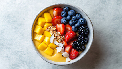 Mouthwatering Smoothie Bowl with Fresh Strawberries, Blueberries, Blackberries, Mango, Coconut Flakes, Granola, and Honey Drizzle in Matte Porcelain Bowl, White Background, Healthy Breakfast superfood