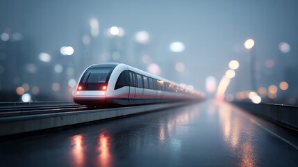 Fototapeta premium A modern train travels on wet tracks through a misty cityscape with blurred lights in the background.