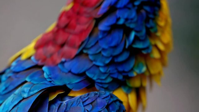 Vibrant parrot feathers display colorful patterns in closeup perspective