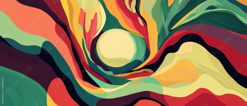 Poster abstract colorful painting with fluid shapes and a central circle, creating a vibrant and dynamic ar