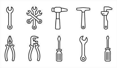 Set of repair tools like pliers, wrenches, and screwdrivers in simple black icon style.