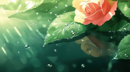 water drops flowing on a rose leaf, their reflection adding life to the stillness of the green surface.