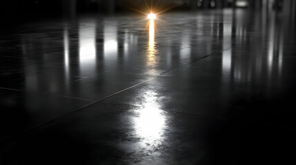 Gleaming obsidian surface reflects a radiant starburst illuminating the sleek expanse beyond the darkness