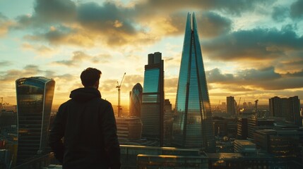 Fototapeta premium Man gazes at stunning skyline with skyscrapers under a beautiful sunset. Urban exploration at its best in this vibrant city scene.