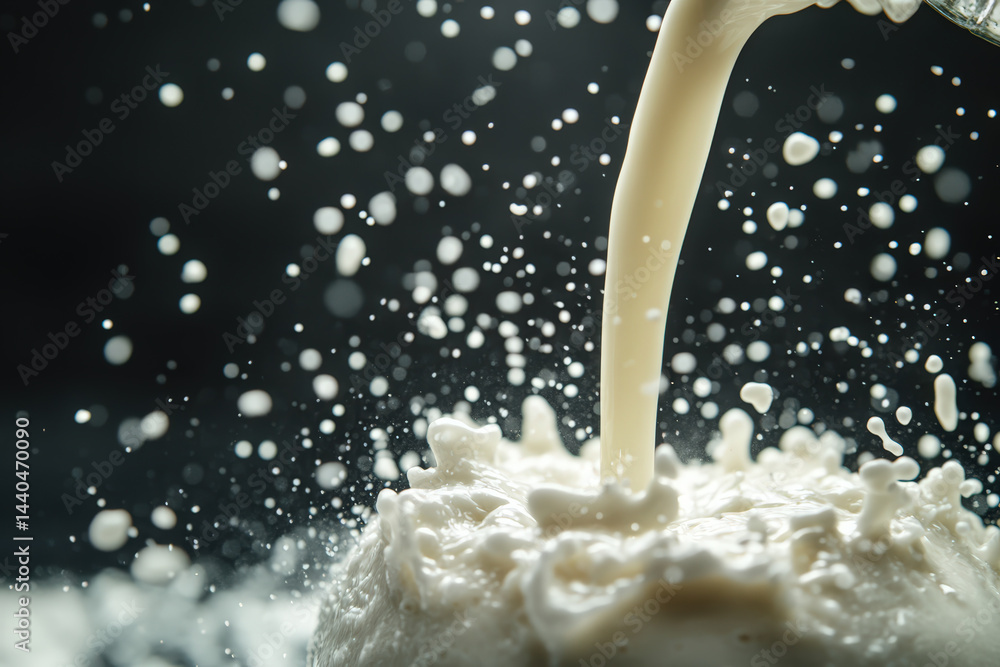 Poster coconut milk pouring and splashing. a close-up shot captures coconut milk pouring and splashing, cre