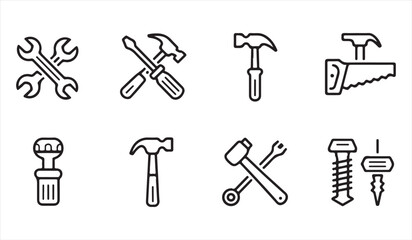 Set of essential hand tools icons including wrenches, hammer, pliers, and screwdriver.