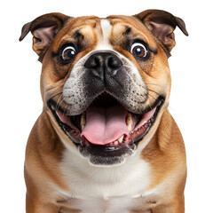Fototapeta premium Funny surprised bulldog with wide open mouth and expressive eyes, isolated on white or transparent png background, perfect for memes, humor, and pet-related designs.