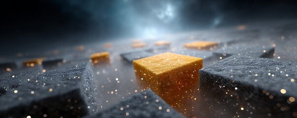 A single golden cube stands out among dark textured cubes, illuminated by glowing particles in a surreal, misty landscape.