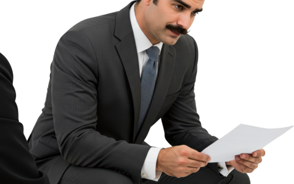 Focused Businessman with Moustache Reviewing Documents in a Gray Suit
