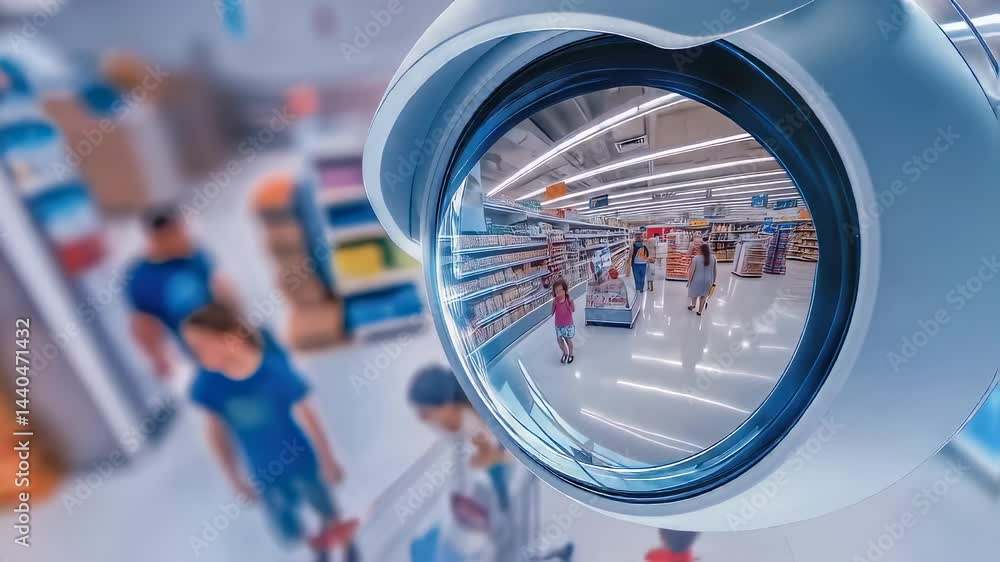 Poster surveillance camera capturing shoppers walking through grocery store aisle. multiple customers brows