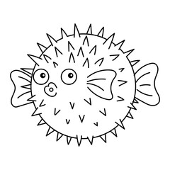 A simple black and white line drawing of a spiky pufferfish with large eyes and fins.