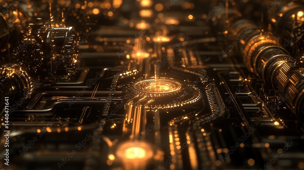 Poster network mechanical background with complex gears, pipes, and luminous lines forming a futuristic dig