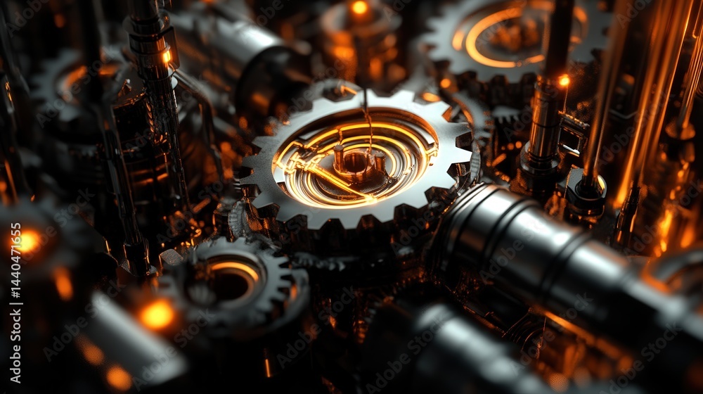 Poster network mechanical background with complex gears, pipes, and luminous lines forming a futuristic dig