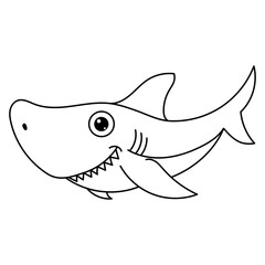 A smiling cartoon shark outlined in black, simple and playful, suitable for coloring activities.
