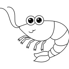 Cute cartoon shrimp with big eyes and a happy smile, outlined in black and white, perfect for kids