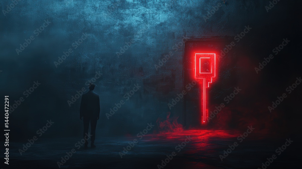 Poster digital criminal breaking into a secure system with a glowing red key, representing the ever-evolvin