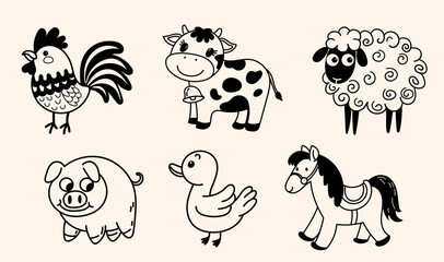 Cute hand-drawn farm animals set including cow, pig, horse, rooster, duck, and sheep in playful cartoon style, ideal for children's books, educational materials, and rural lifestyle designs.