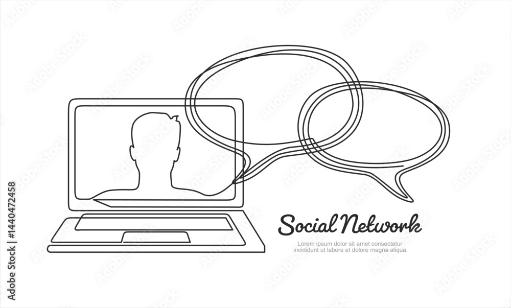 Poster social network. continuous one line drawing of laptop with some people on screen and speech bubble. 