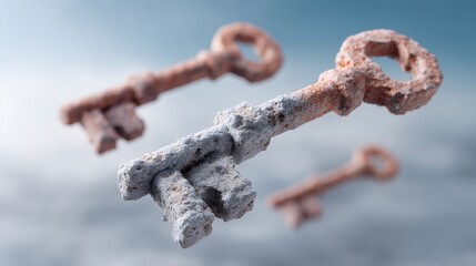 Three old, rusty metal keys floating against a blurred blue and gray background, highlighting texture and age.