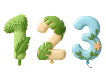 Nature-inspired 3D cartoon numbers 1 2 3 with pastel tones, leafy textures, and organic elements on transparent PNG background
