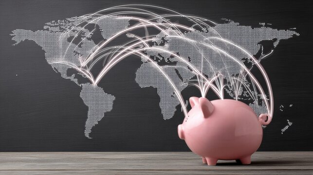 A pink piggy bank in front of a world map with lines representing global financial connections and international money transfers.