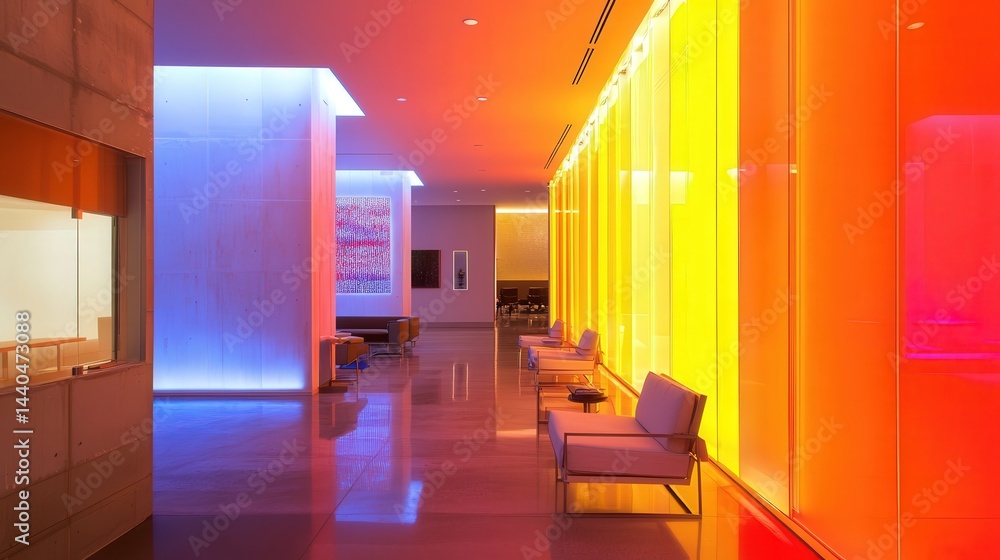 Poster defined by its bright, illuminated wall, which serves as the centerpiece of the modern design, creat