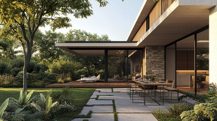 Sophisticated modern house with wood and stone textures, surrounded by lush greenery