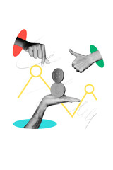Vertical collage creative illustration gesture three arms sing heart like thumb up palm money coin...