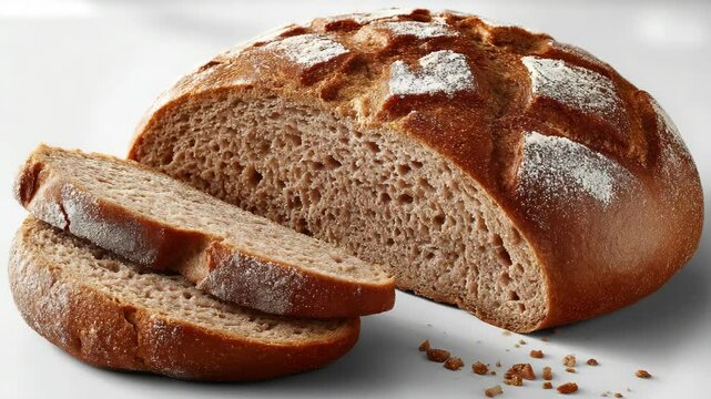 Freshly baked whole grain bread with slices on a white background ready for serving