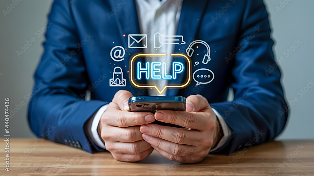 Poster professional business image hands in a navy blue suit holding a modern smartphone, surrounded by flo