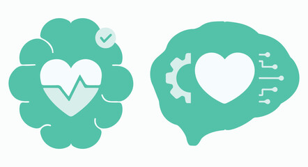 Mental health design, intelligence, positive thinking, therapy, healthy, artificial intelligence. Doctor, medicine, brain, heart, mind. Web, icon, vector, burnout cure, no stress, no anxiety