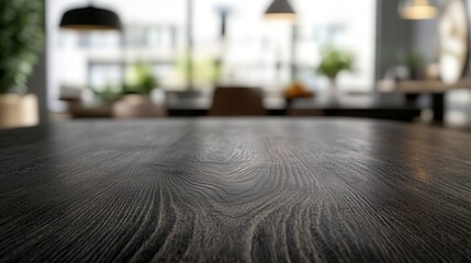the dark wooden table, the blurred bokeh background creates an atmosphere of sophistication, making it an ideal space for showcasing items.