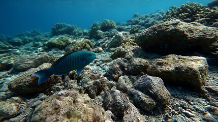 Obraz premium サンゴ礁を泳ぐ熱帯魚たちと光あふれる海中世界