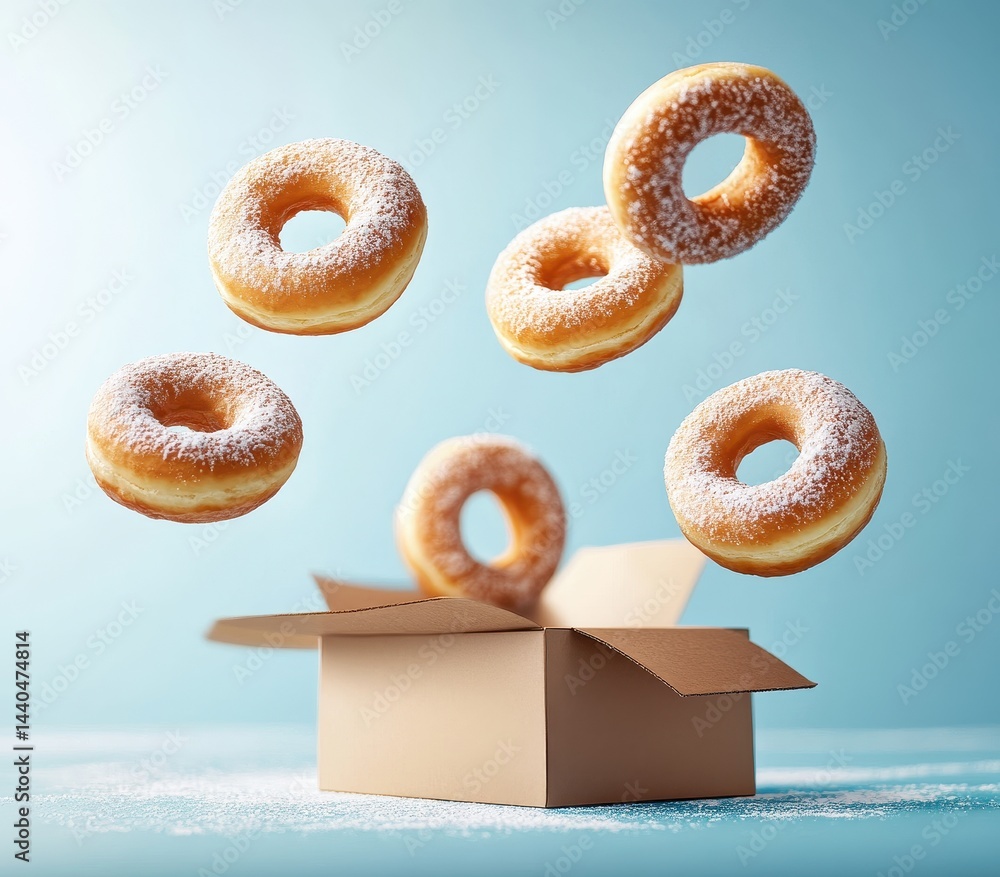 Poster floating donuts above an open box with powdered sugar on a soft blue background perfect for food and