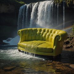 A lemon-lime sofa under rainbow waterfalls.