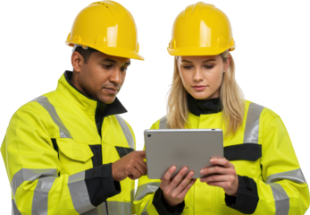 Focused Construction Workers Reviewing Tablet Data