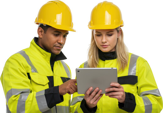 Focused Construction Workers Reviewing Tablet Data