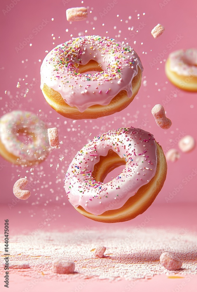 Poster floating frosted donuts with colorful sprinkles and candy on a soft pink background creating a dream