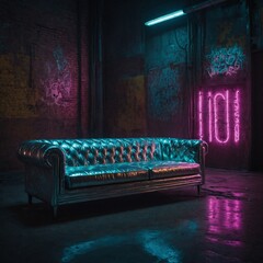A shiny silver and neon sofa in a cyberpunk alley.